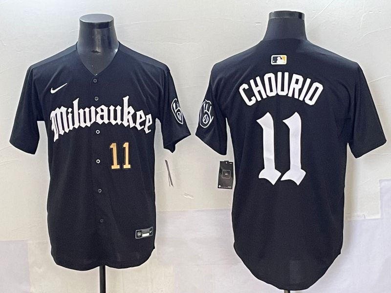 Men 2025 Milwaukee Brewers #11 Chourio Black Five generations Joint Name Nike MLB Jersey style 3
